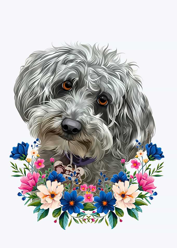 Portrait of a Dog with Flowers