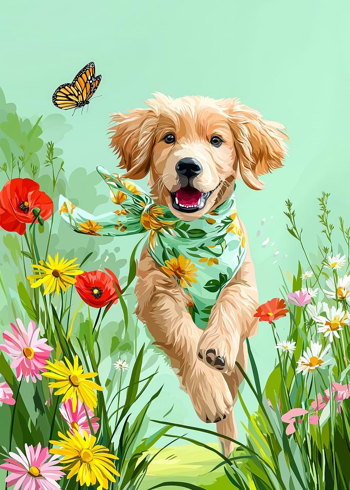 Joyful Golden Retriever Puppy in a Wildflower Meadow