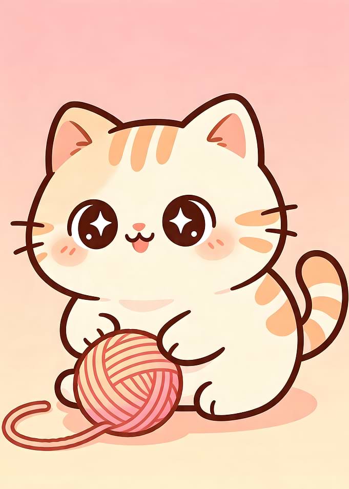 Cute Kawaii Kitten Playing with Yarn