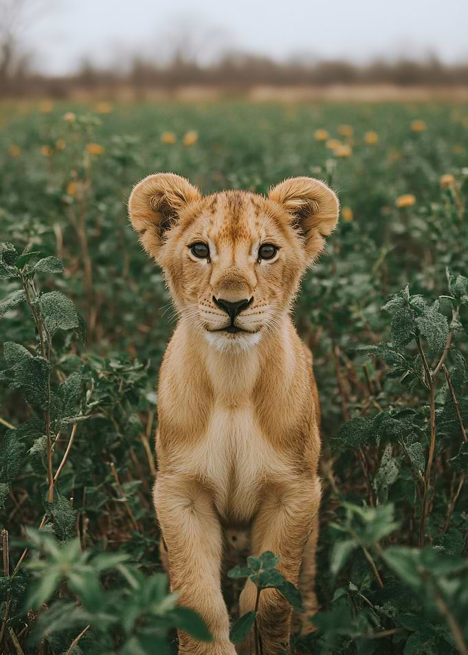 Young Lion Cub in Green Field
