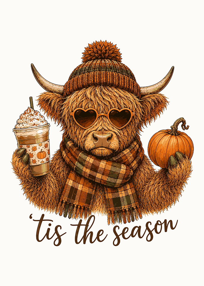 Highland Cow Autumn Wall Art | Cozy Fall Coffee Pumpkin Animal Poster