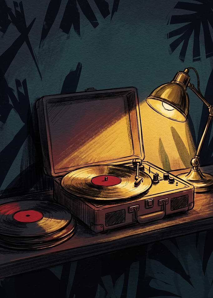 Vintage Record Player Under Desk Lamp