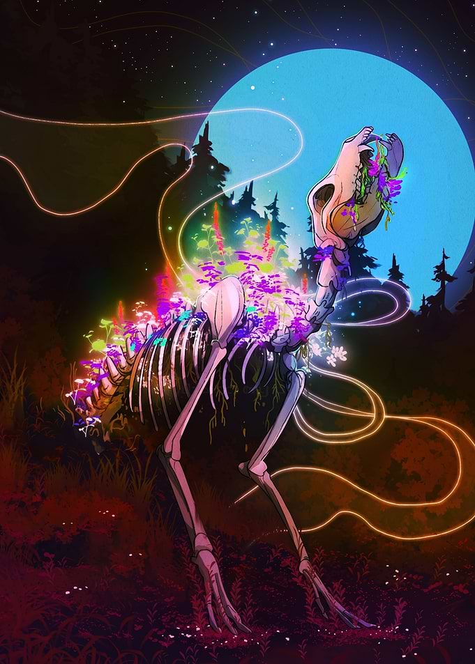 Bioluminescent Skeleton with Blooming Flowers