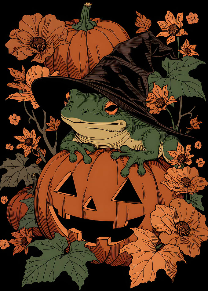 Witch Frog Sitting on Jack-o'-lantern