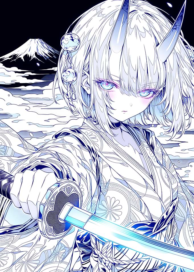 Oni Girl with Katana and Fuji