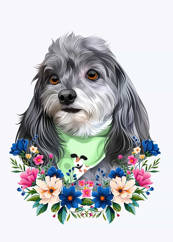 Portrait of a Dog with Flowers