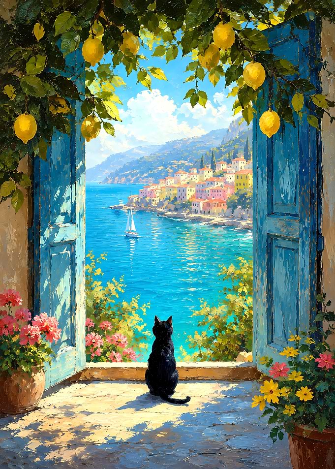 Black Cat Looking at Mediterranean Coast