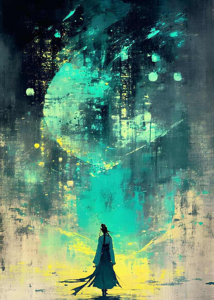 Warrior Facing a Glowing Abstract Moon