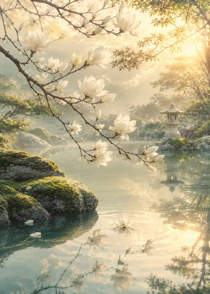 Serene Japanese Garden with Magnolia Blossoms