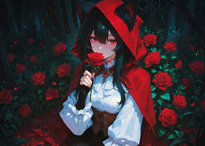 Anime Wolf Girl with Red Roses
