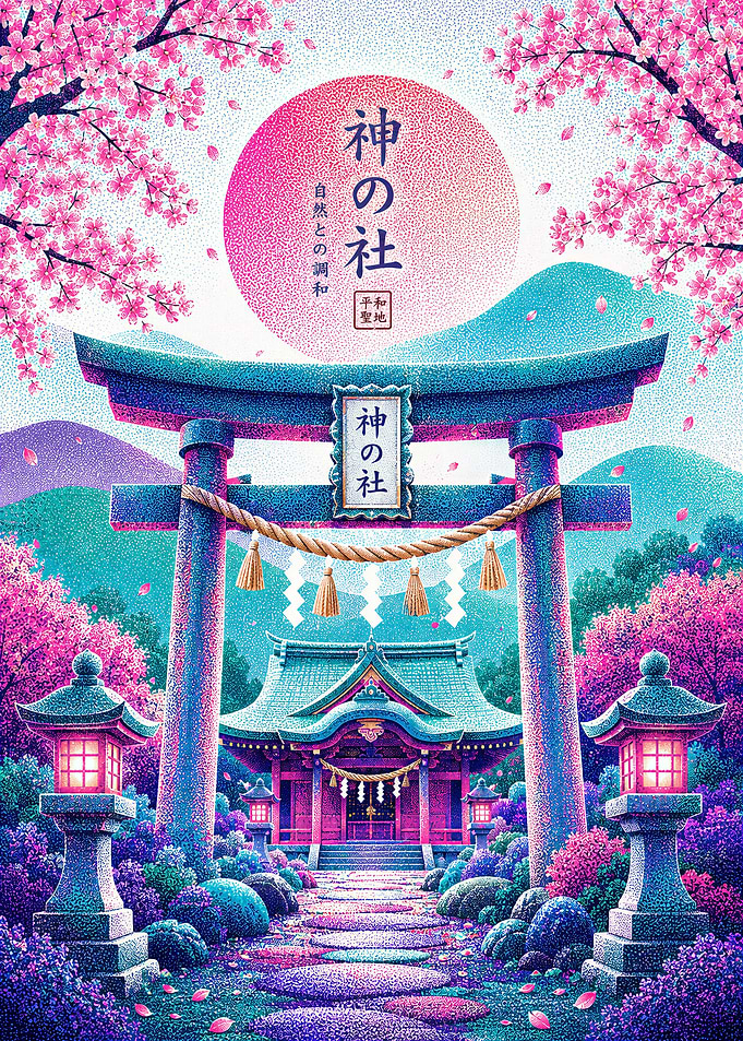 Japanese Shrine with Cherry Blossoms
