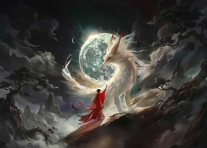 Woman in Red Touching Spirit Fox