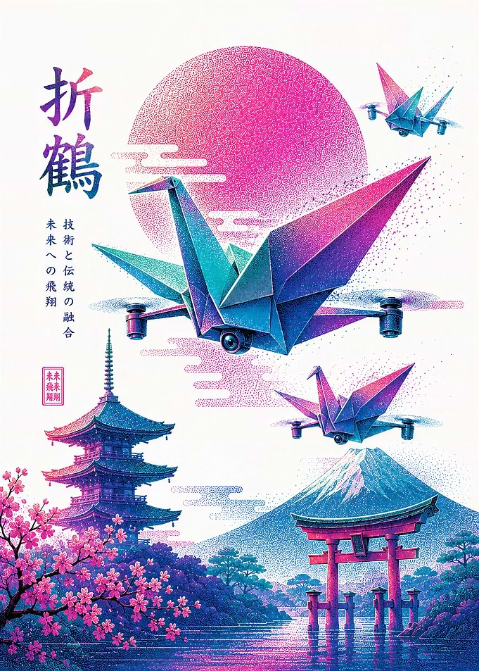 Futuristic Origami Crane Drone Art