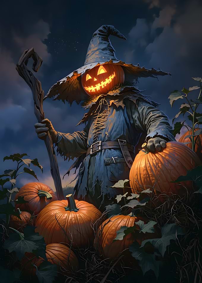 Jack-o'-lantern Scarecrow in Pumpkin Patch