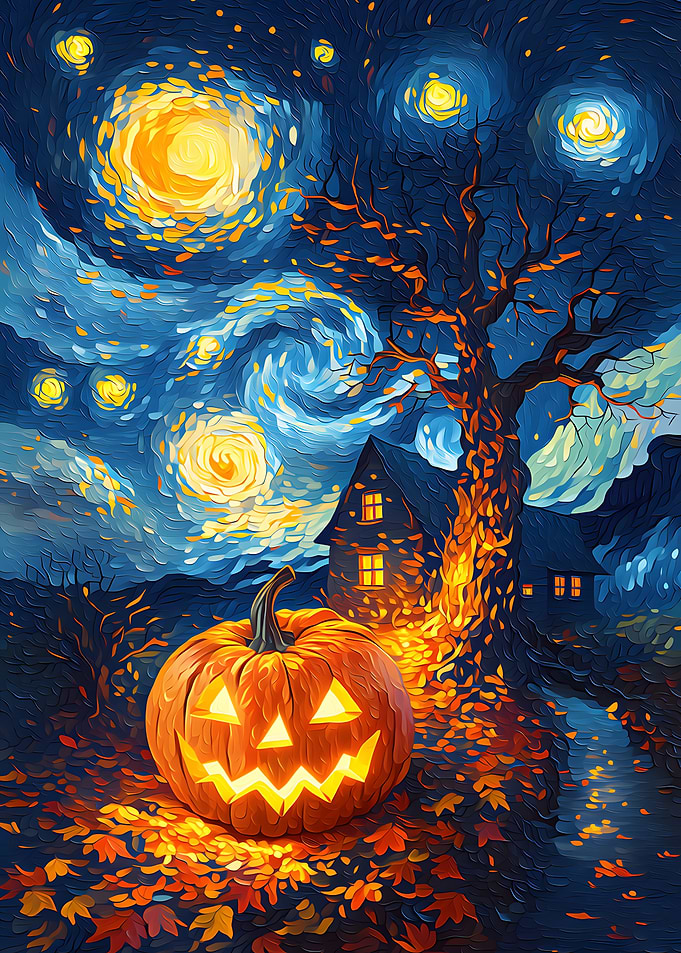 Starry Night Halloween Pumpkin Scene