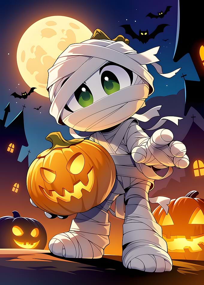 Cute Mummy Holding Halloween Pumpkin