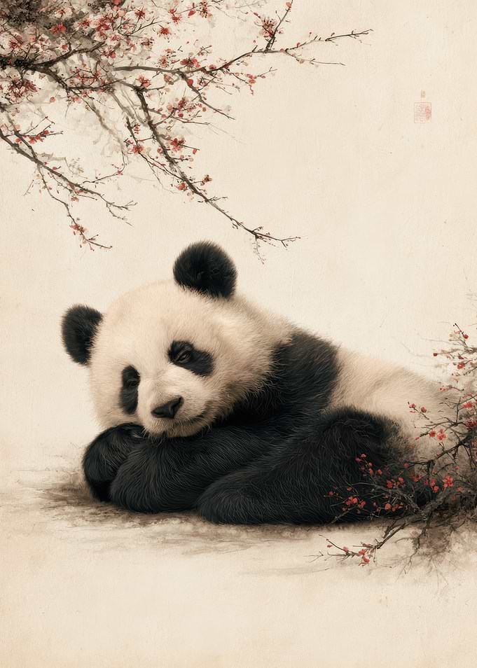 Sleeping Panda Under Cherry Blossoms