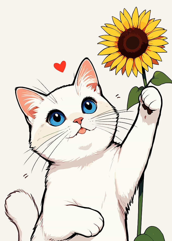 Cute White Cat Holding Sunflower