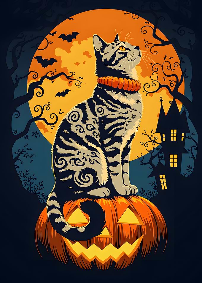 Halloween Cat Sitting on Pumpkin