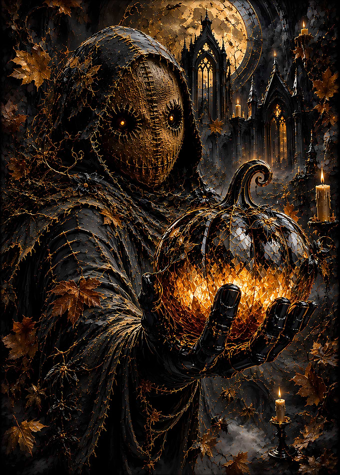 Dark Gothic Scarecrow Holding Glowing Pumpkin