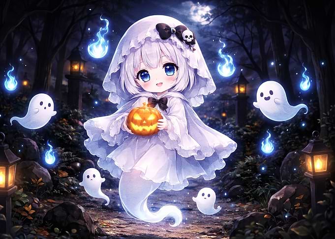 Cute Ghost Girl with Pumpkin