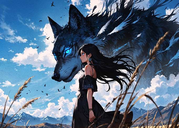 Anime Girl with Giant Spirit Wolf