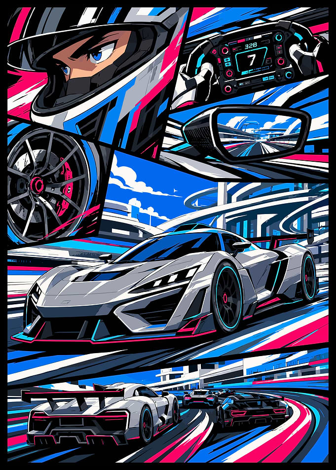 Dynamic Racing Car Comic Montage