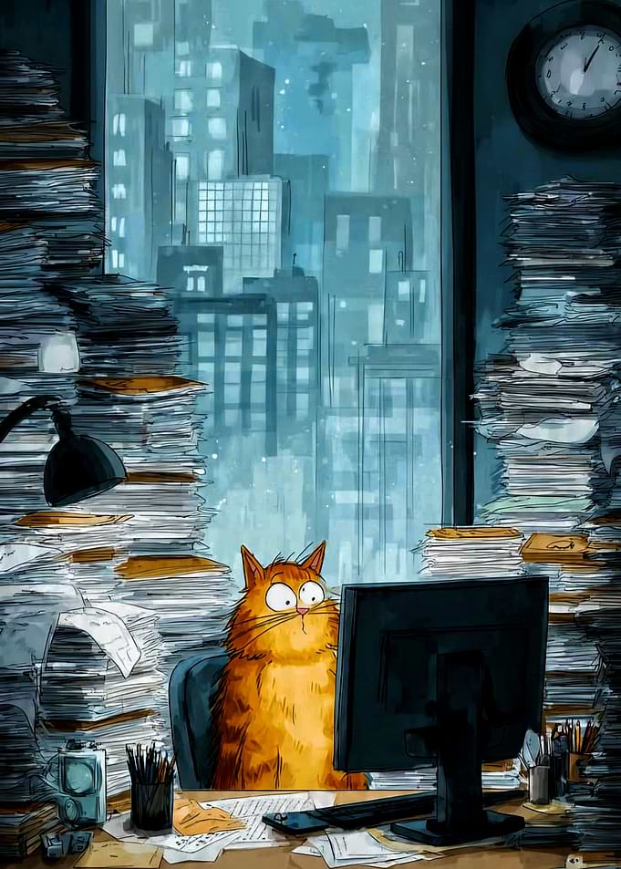 Overwhelmed Orange Cat Office Worker