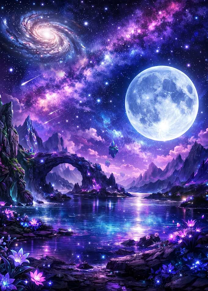 Ethereal Fantasy Landscape Under Galaxy Sky