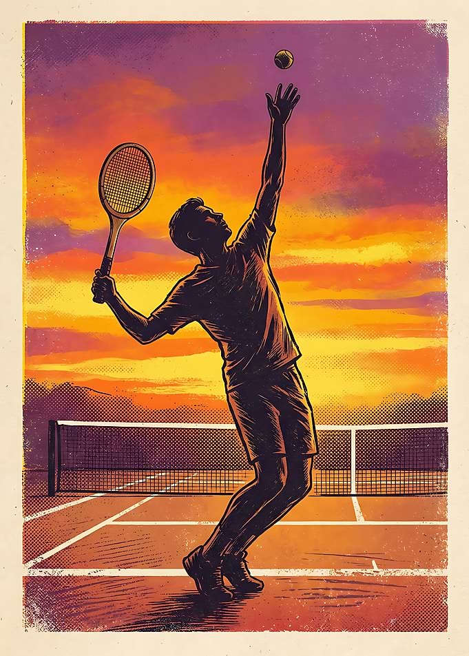 Tennis Player Serving at Sunset