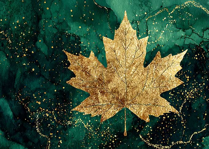 Golden Maple Leaf on Emerald Background