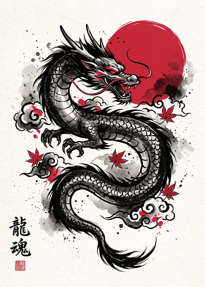 Traditional Japanese Dragon Ink Illustration