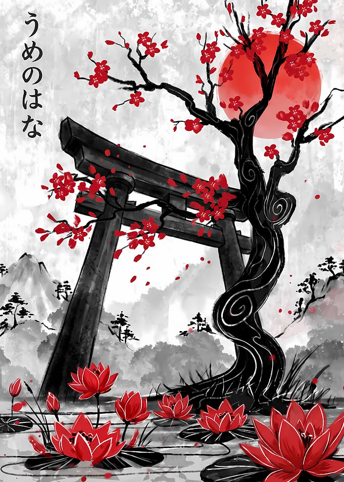 Japanese Torii Gate and Plum Blossoms