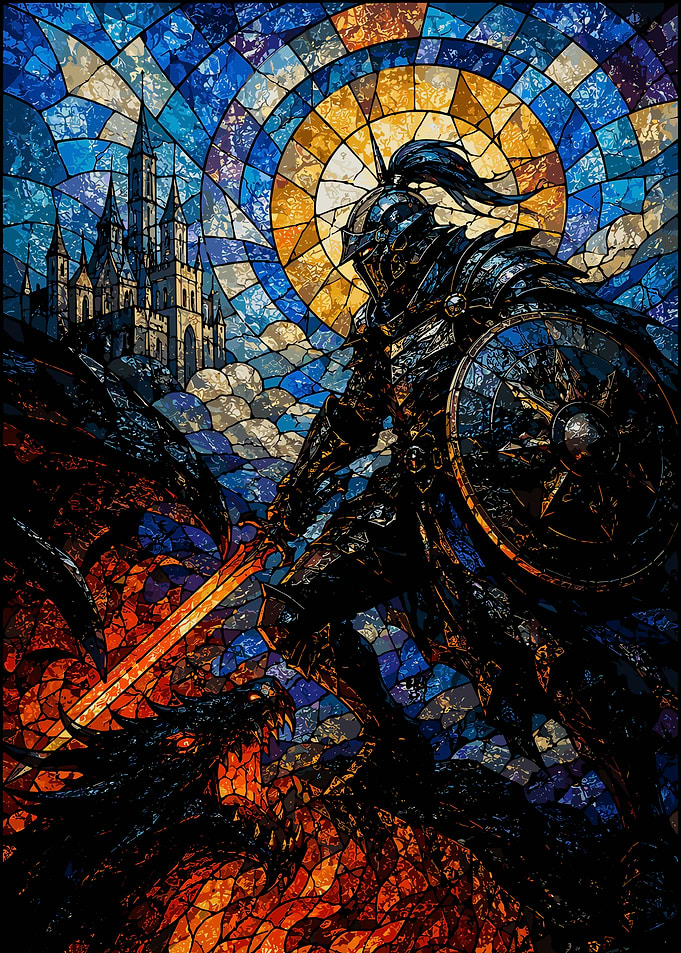 Stained Glass Knight Battling Dragon