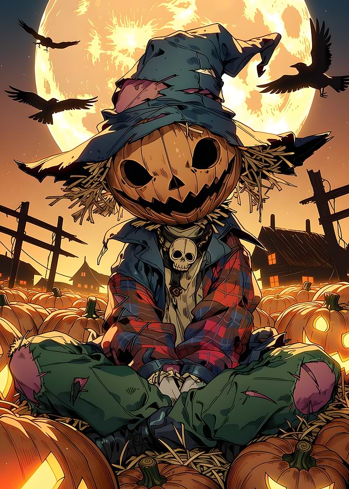 Pumpkin Scarecrow in Moonlight