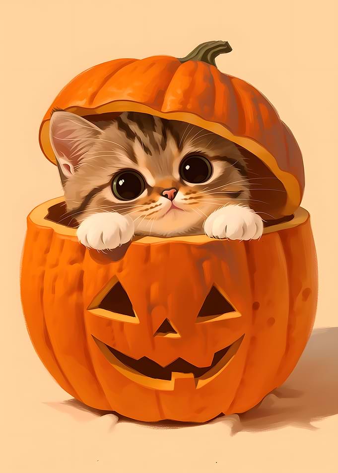 Cute Kitten Inside a Halloween Pumpkin