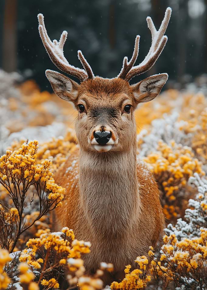 Deer in Snowy Yellow Flowers