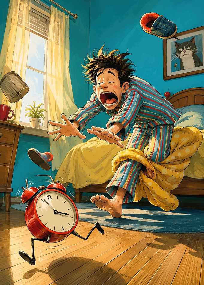 Oversleeping Man Chasing Running Alarm Clock
