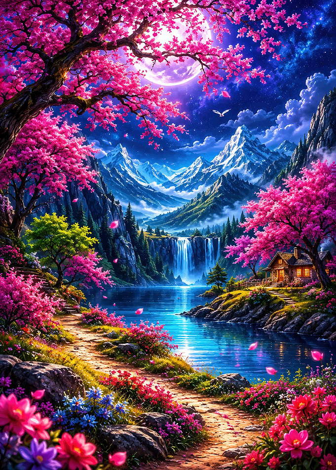 Enchanted Cherry Blossom Mountain Landscape