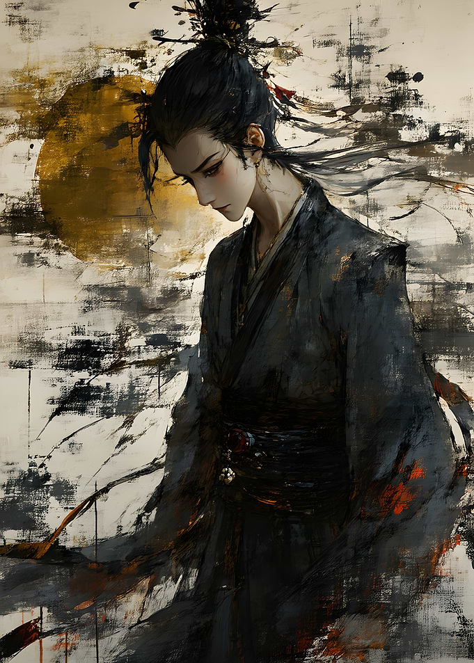 Melancholic Warrior in Traditional Attire
