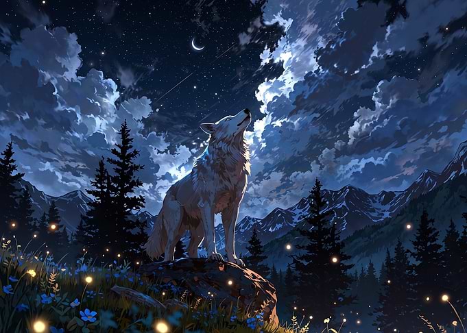 White Wolf Under Starry Night Sky
