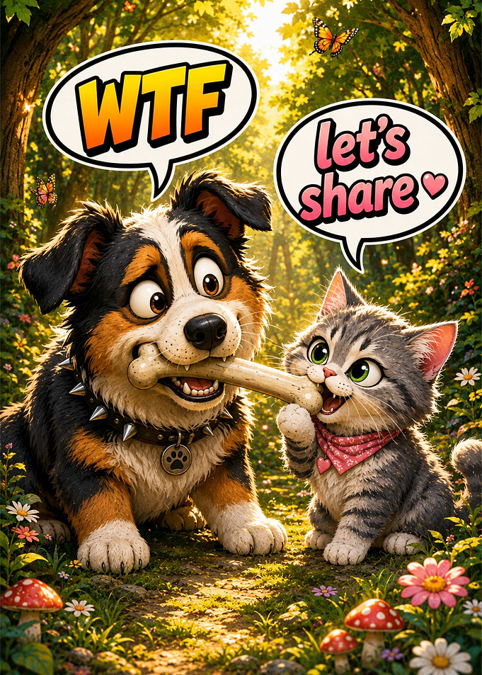 Dog and Cat Sharing a Bone