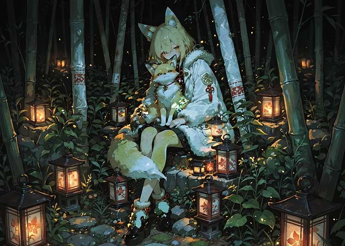 Anime Fox Girl in Bamboo Forest