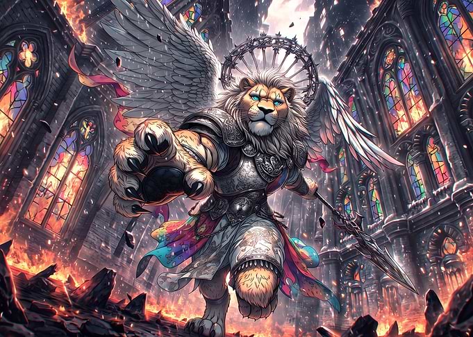 Winged Lion Warrior in Burning Cathedral