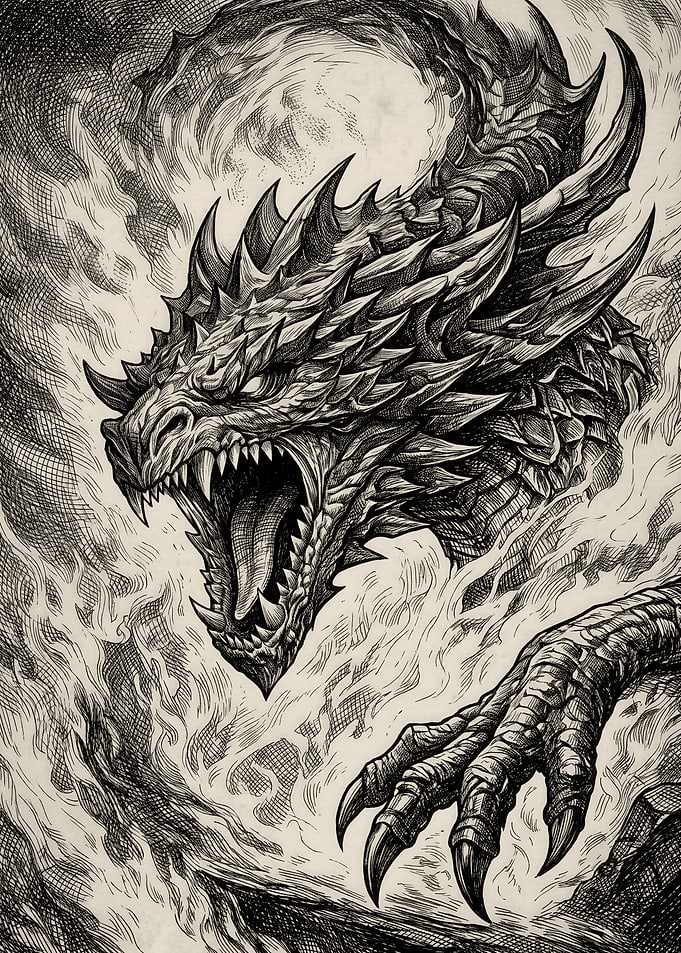 Fierce Dragon Head in Ink Style