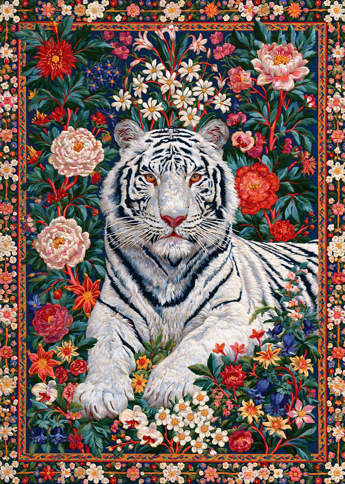 White Tiger Amidst Floral Tapestry