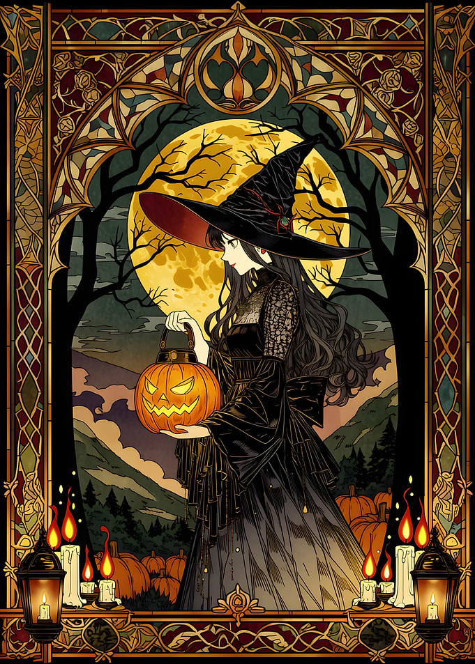 Stained Glass Witch with Jack-o'-lantern