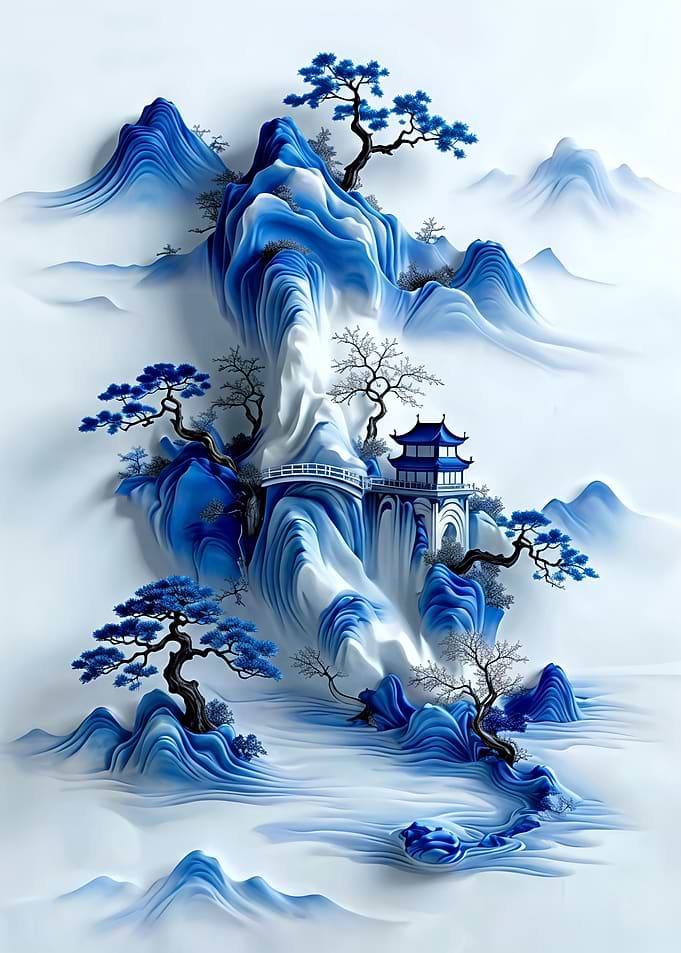 Blue and White Mountain Landscape