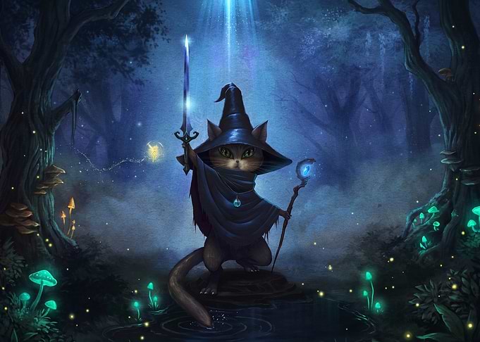 Magical Wizard Cat in Enchanted Forest