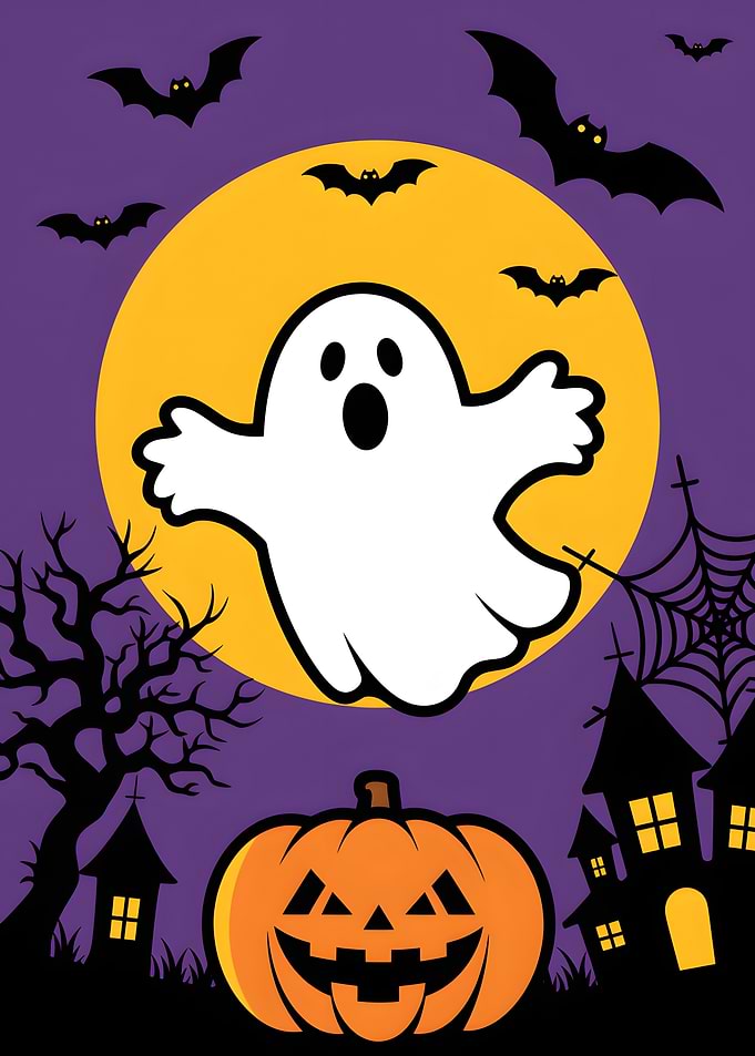 Cute Halloween Ghost and Pumpkin Illustration